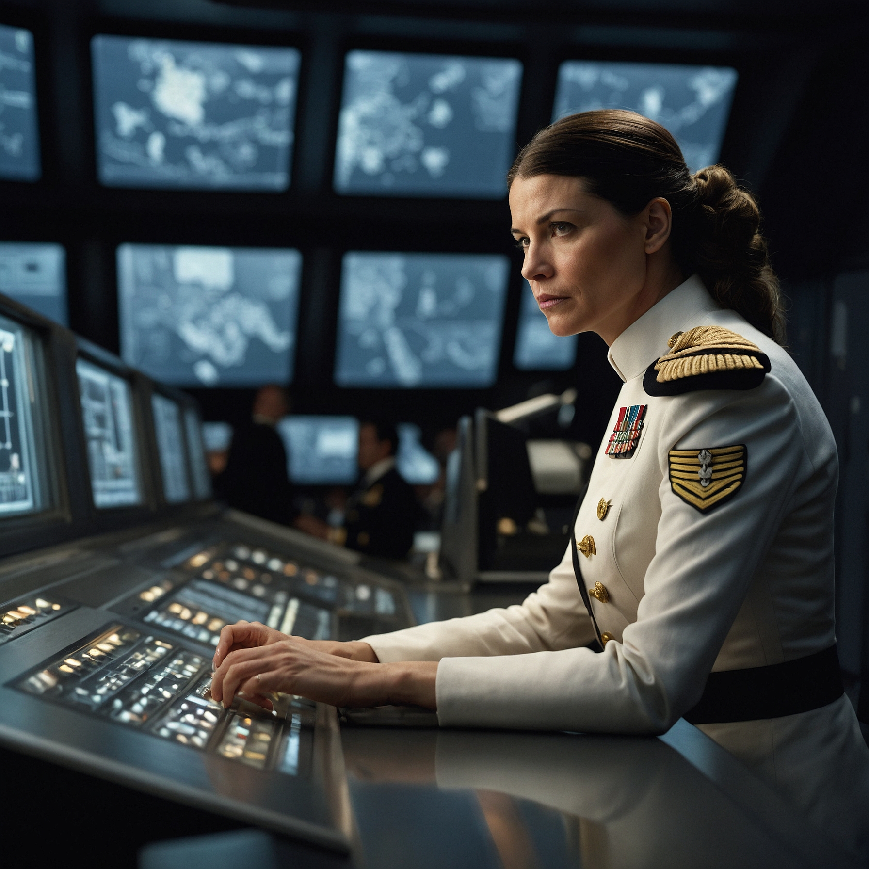 Diverse naval team led by a female admiral in a glass-walled, high-tech ship command room.