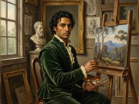 Rafael Hemdragoon, olive-skinned and dark-haired, paints at an easel in a sunlit studio.