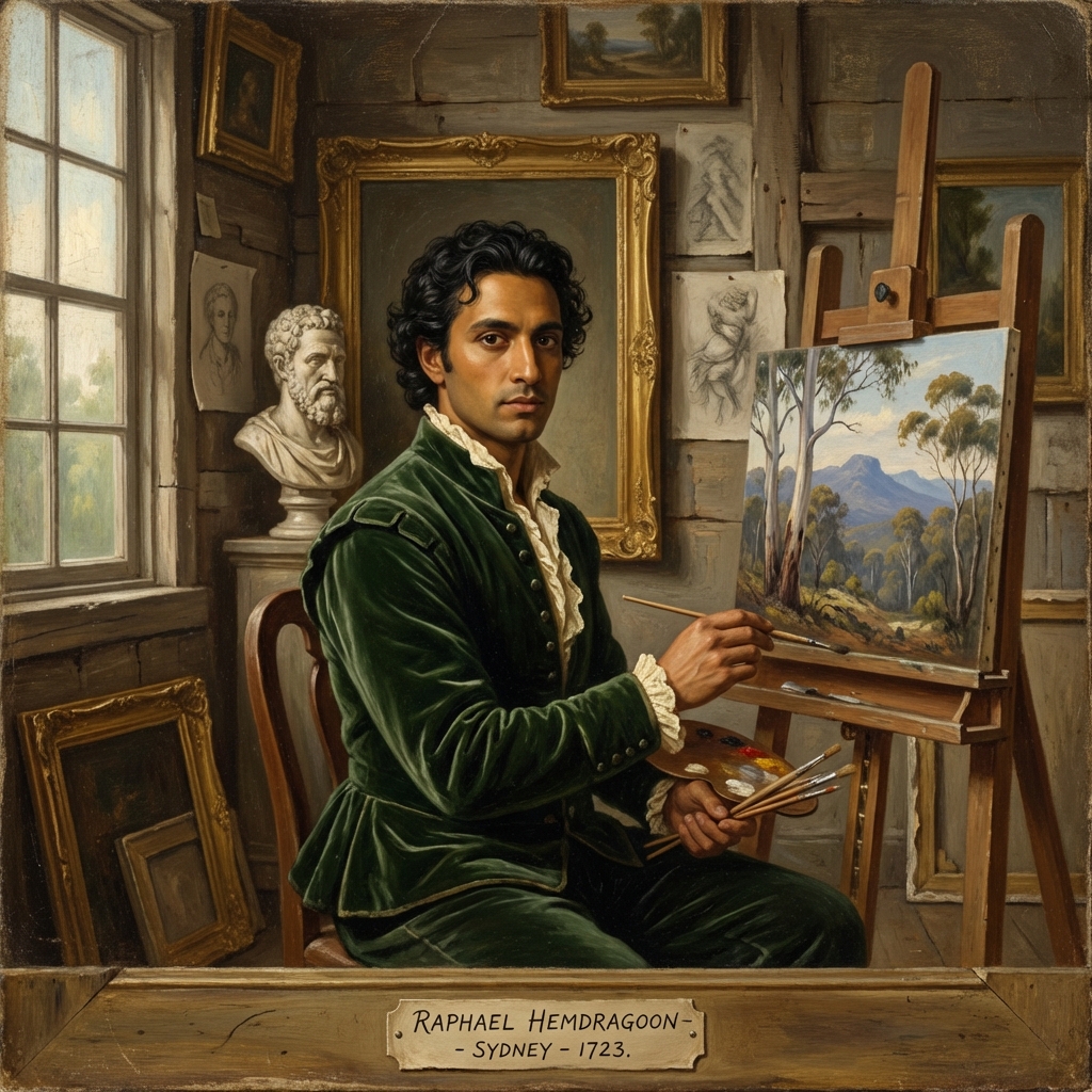 Rafael Hemdragoon, olive-skinned and dark-haired, paints at an easel in a sunlit studio.