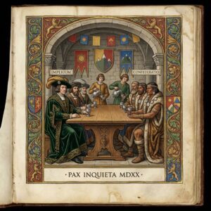 Two groups in ornate robes negotiate at a wooden table, banners and attendants in the background.