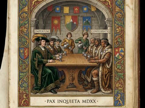 Two groups in ornate robes negotiate at a wooden table, banners and attendants in the background.