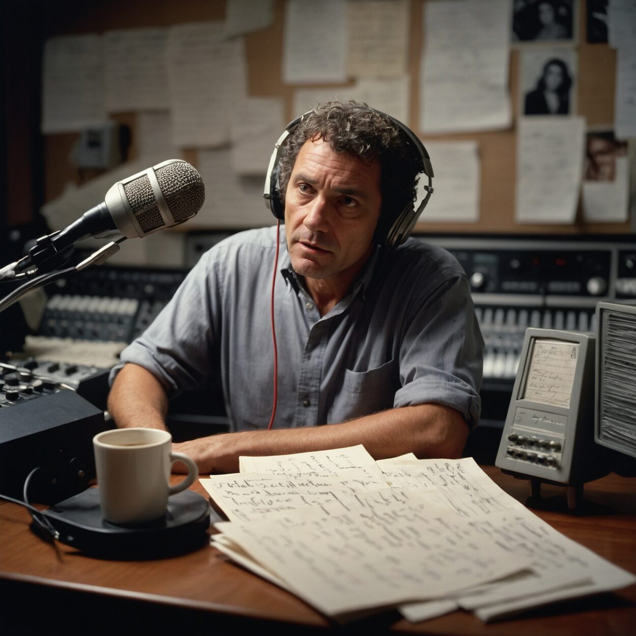Middle-aged man with curly hair and headphones speaking into a studio microphone.