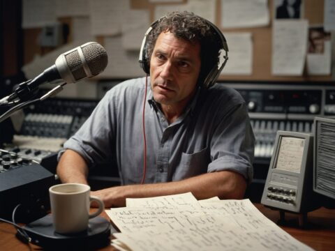 Middle-aged man with curly hair and headphones speaking into a studio microphone.