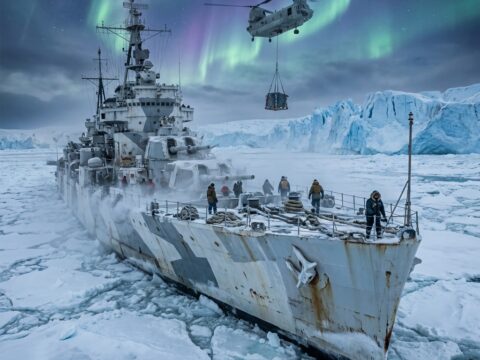 Sea Lion Class battleship Snow Gull breaking Arctic ice, crew on deck, helicopter overhead, glaciers in background.