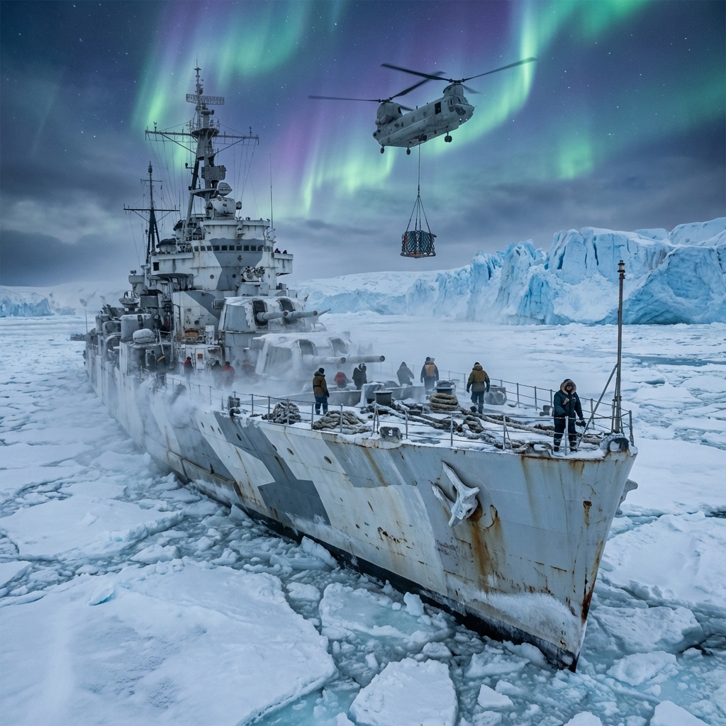 Sea Lion Class battleship Snow Gull breaking Arctic ice, crew on deck, helicopter overhead, glaciers in background.