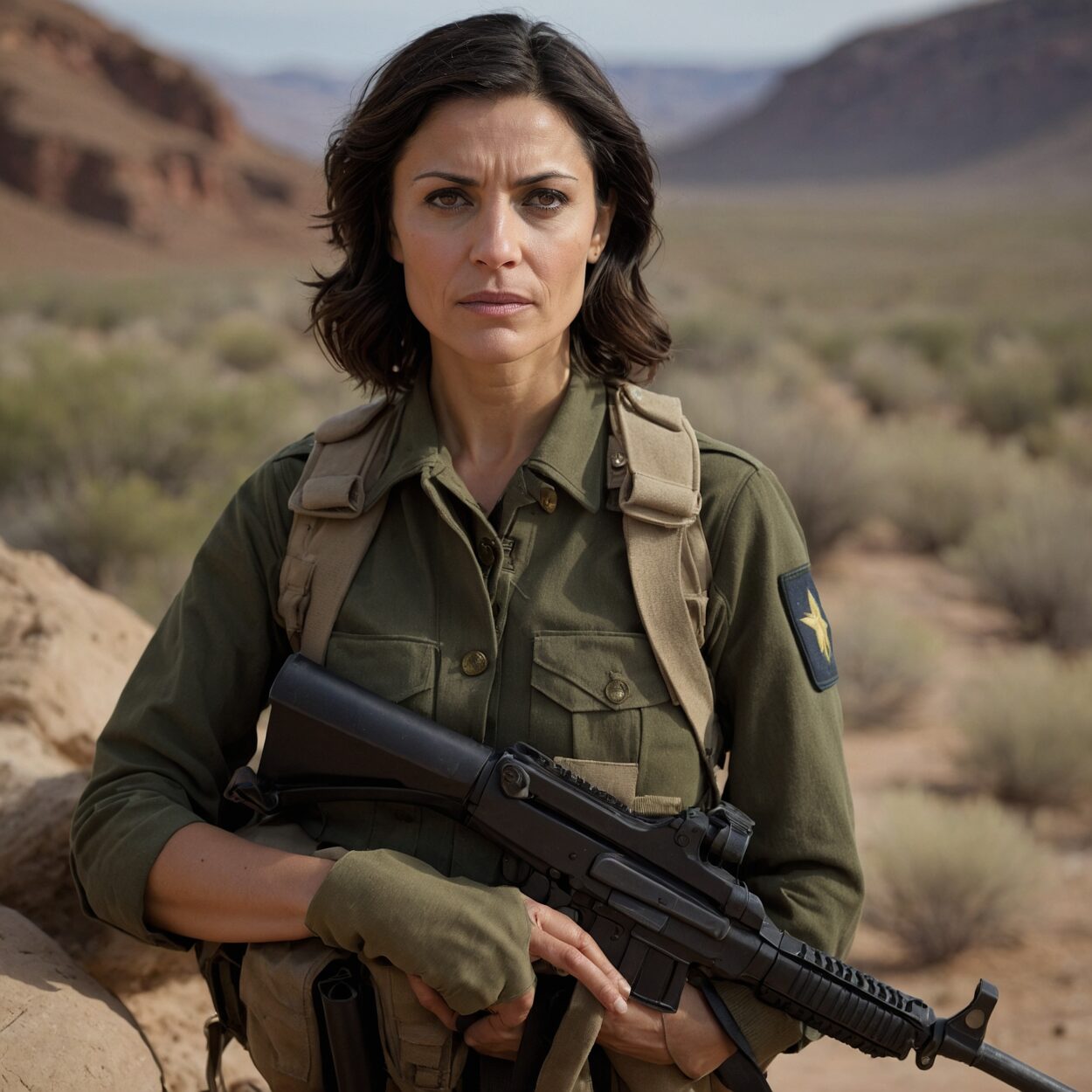 Devorah Kazmarazz in uniform stands among soldiers in a desert camp by a river valley.