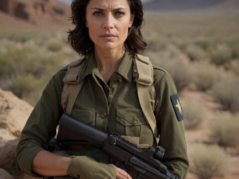 Devorah Kazmarazz in uniform stands among soldiers in a desert camp by a river valley.