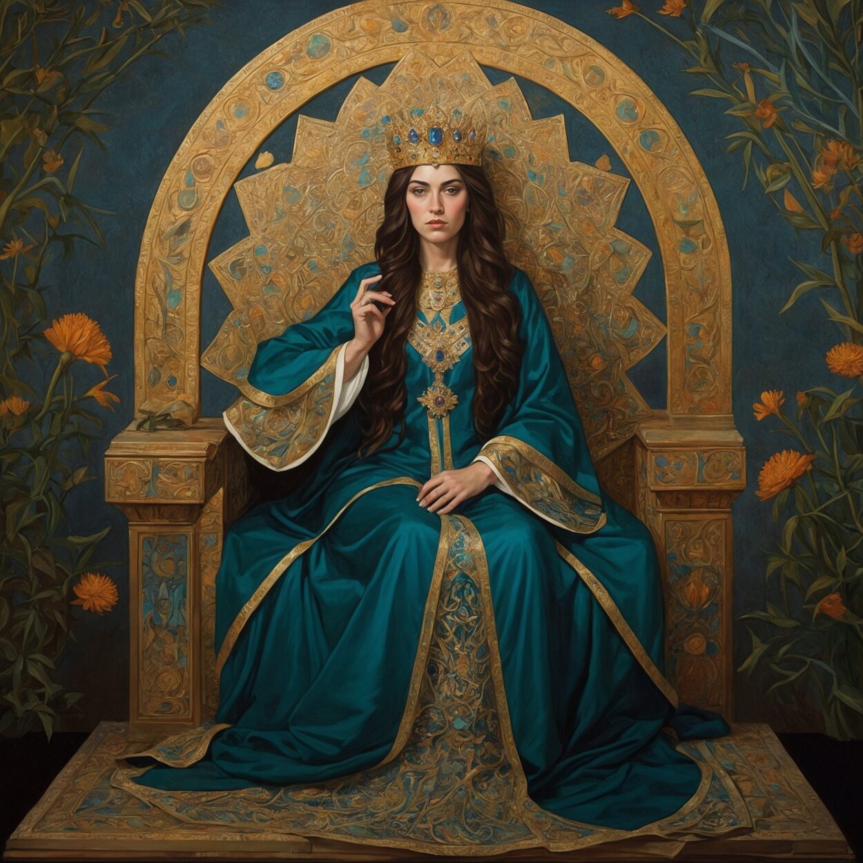 12th-century manuscript-style painting of a regal woman crowned, seated on a golden throne with Australian flora.