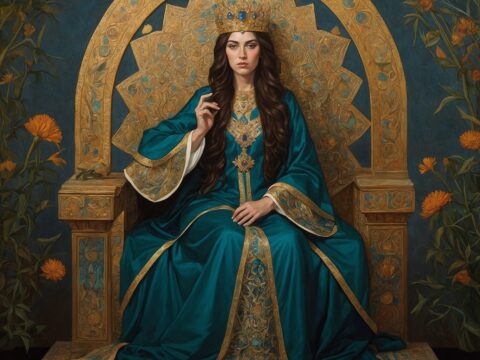 12th-century manuscript-style painting of a regal woman crowned, seated on a golden throne with Australian flora.