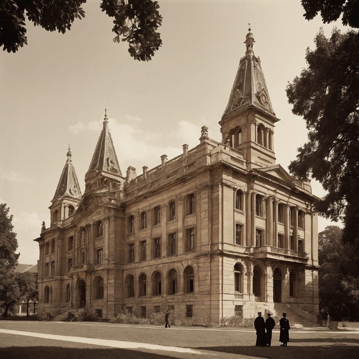 Victorian-era students in academic gowns gathered before the ornate sandstone university building.