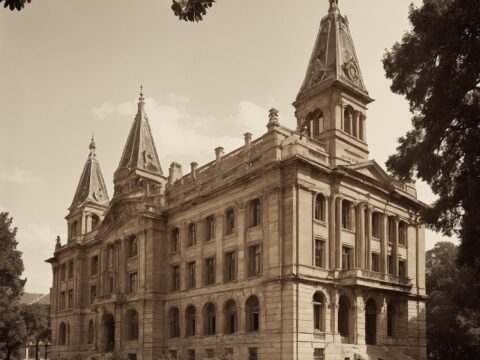 Victorian-era students in academic gowns gathered before the ornate sandstone university building.