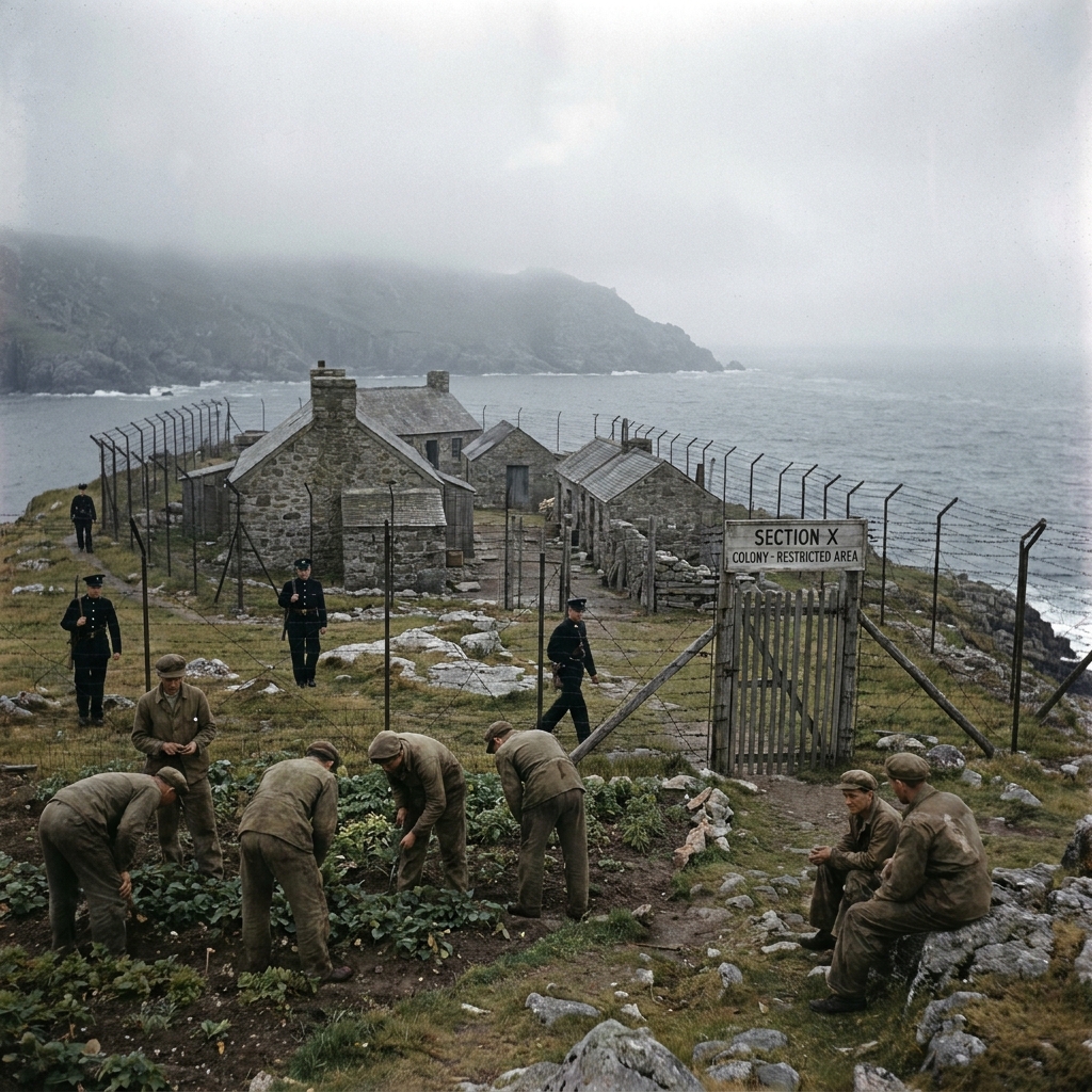 Early color photo of a guarded island colony with stone barracks, fences, and exiled men.