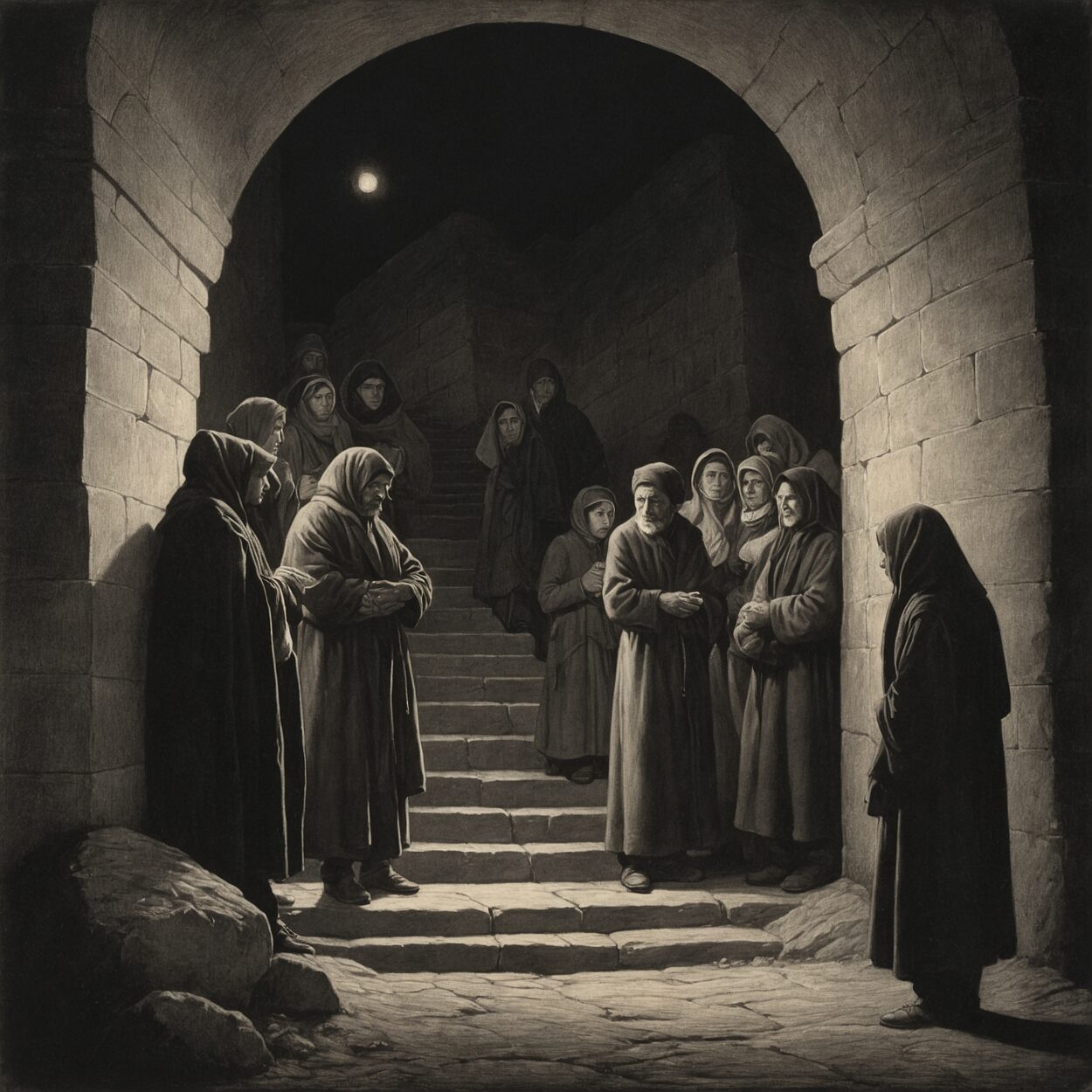 A diverse group descends a torch-lit stone stairwell, watched over by a vigilant young man.