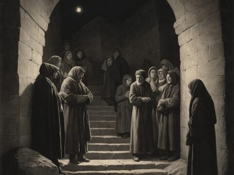 A diverse group descends a torch-lit stone stairwell, watched over by a vigilant young man.