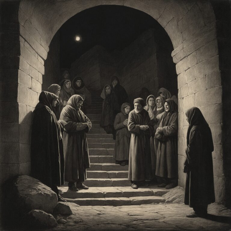 A diverse group descends a torch-lit stone stairwell, watched over by a vigilant young man.