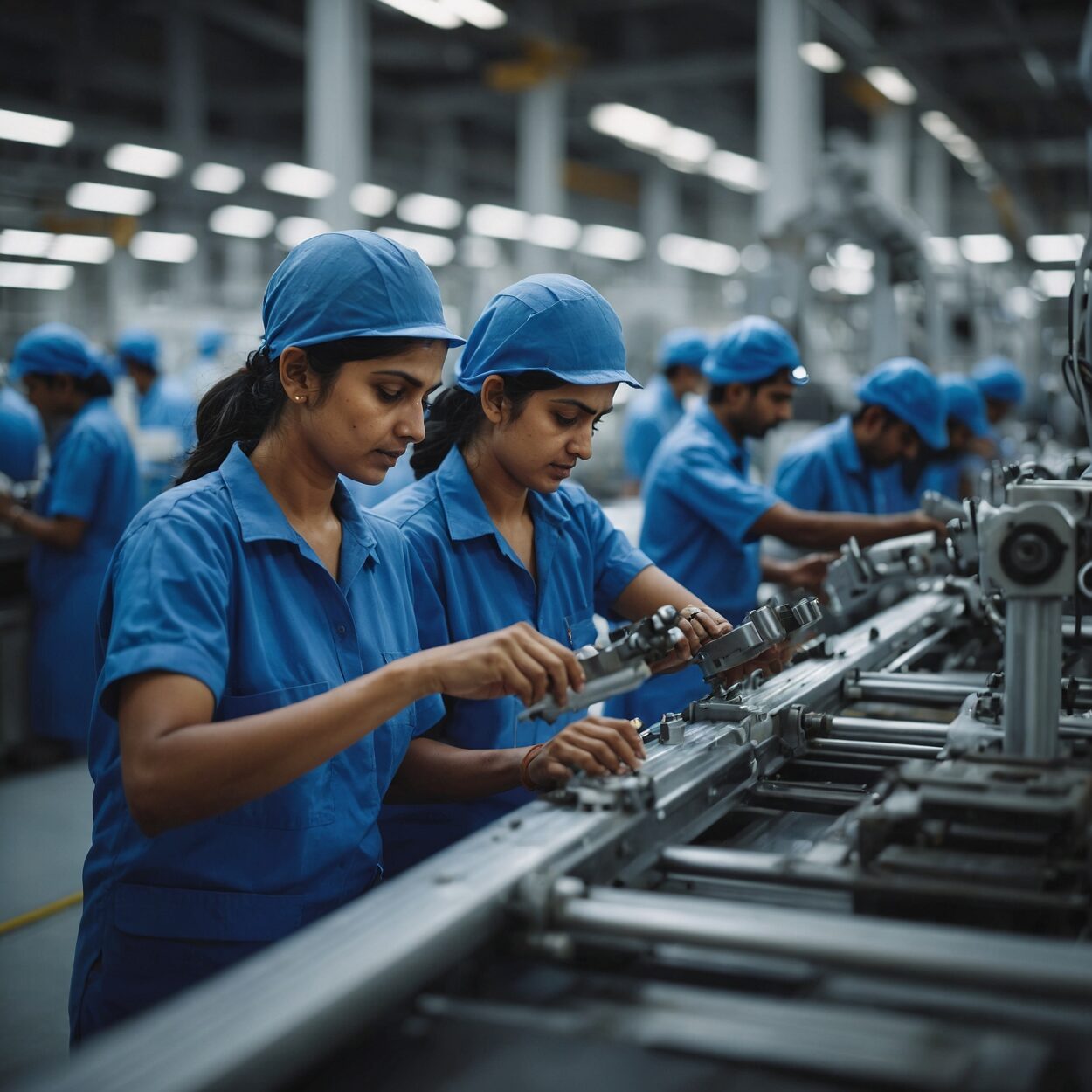 Diverse workers in blue and gray uniforms manage modern assembly lines in a bright Indian factory.