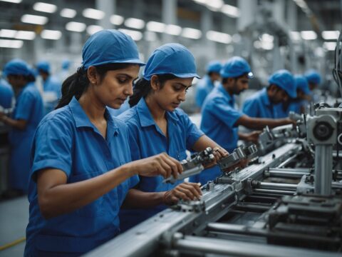 Diverse workers in blue and gray uniforms manage modern assembly lines in a bright Indian factory.