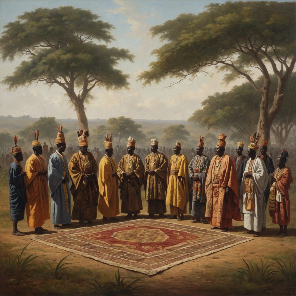 Dignitaries in elaborate robes and headdresses negotiate on a savanna at the Kongo border.