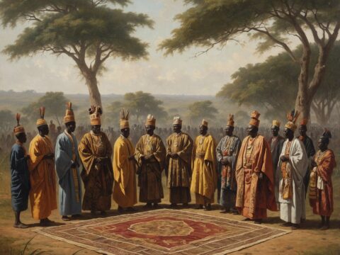Dignitaries in elaborate robes and headdresses negotiate on a savanna at the Kongo border.