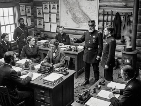 Men and women officers at wooden desks in an 1880s police office with maps and wanted posters.