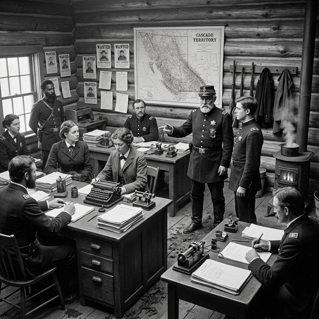 Men and women officers at wooden desks in an 1880s police office with maps and wanted posters.