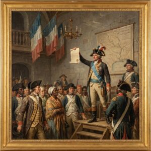 A diverse group in 18th-century attire gathers as a leader raises a parchment.