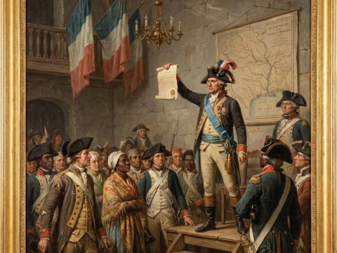 A diverse group in 18th-century attire gathers as a leader raises a parchment.