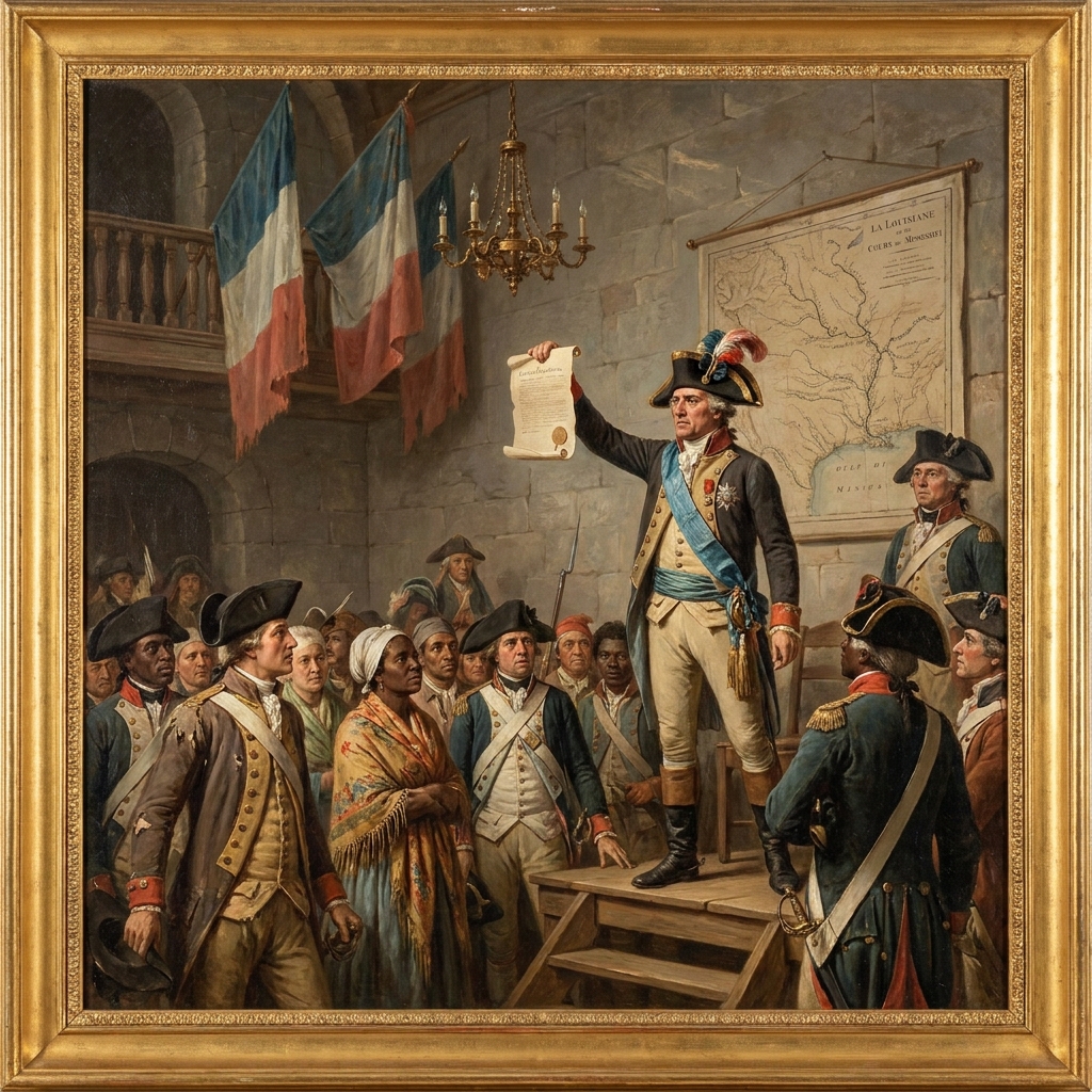 A diverse group in 18th-century attire gathers as a leader raises a parchment.