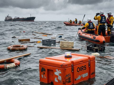 OIRS box floats among shipwreck debris as rescue teams search in inflatable boats.