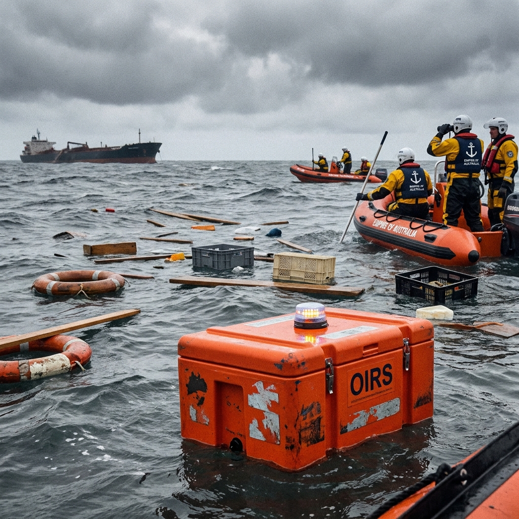OIRS box floats among shipwreck debris as rescue teams search in inflatable boats.