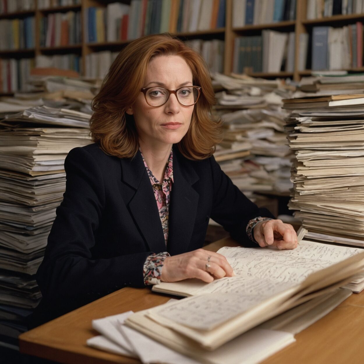 Marla Ronan typing at a cluttered desk with books and handwritten notes around her.