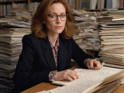 Marla Ronan typing at a cluttered desk with books and handwritten notes around her.