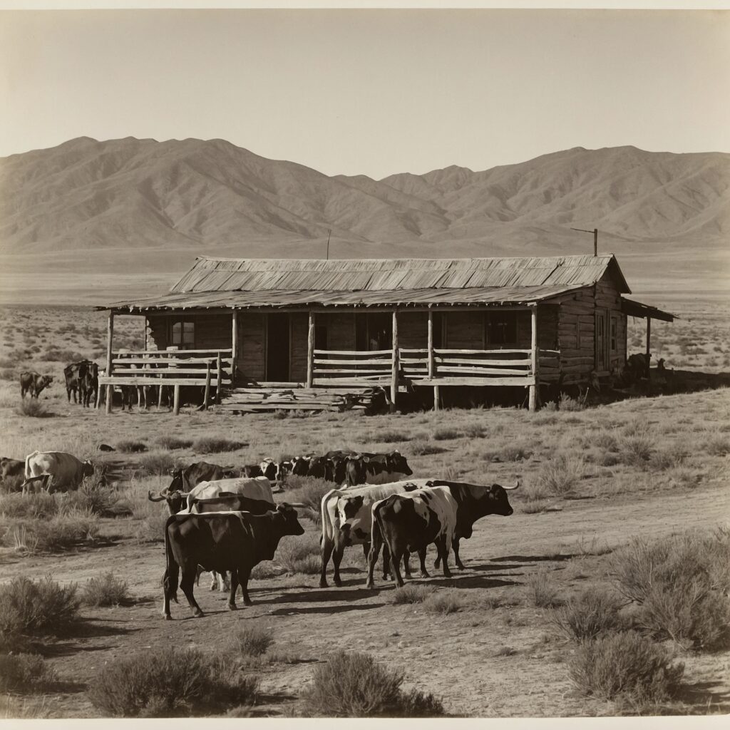 Engraving of settlers, ranch house, cattle, and native workers on sunlit arid plains.