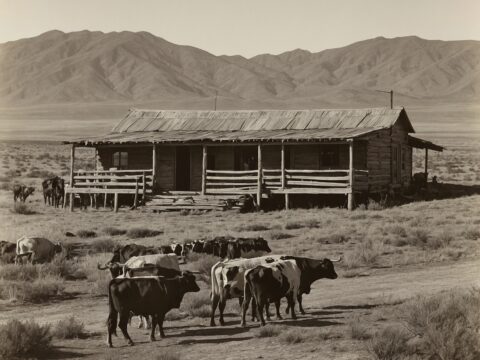 Engraving of settlers, ranch house, cattle, and native workers on sunlit arid plains.