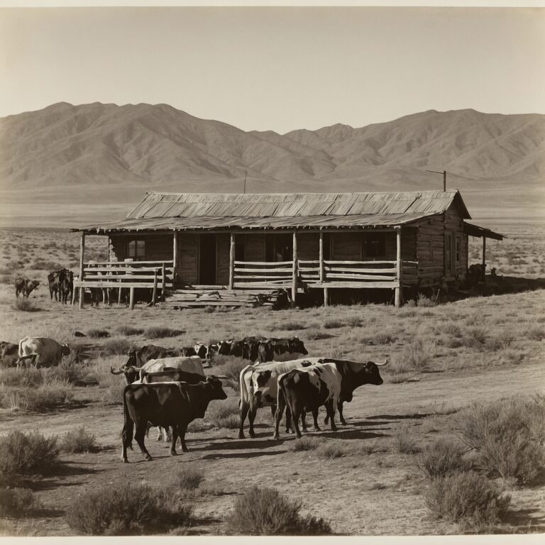 Engraving of settlers, ranch house, cattle, and native workers on sunlit arid plains.