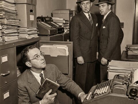 1940s auditor discovers concealed ledger while two businessmen watch nervously in cluttered office.