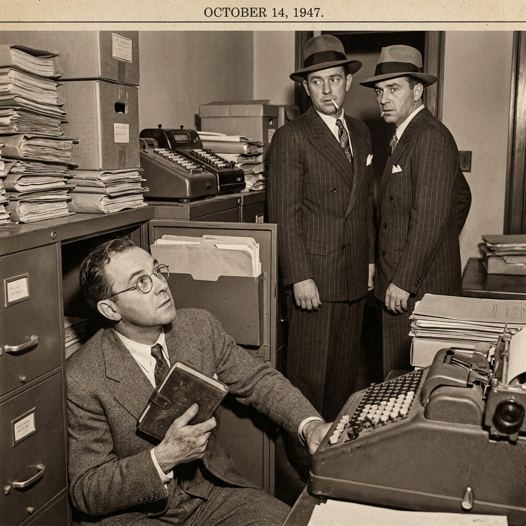 1940s auditor discovers concealed ledger while two businessmen watch nervously in cluttered office.