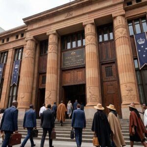 Diverse people enter a grand court building with sandstone columns and Indigenous motifs.