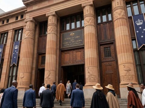 Diverse people enter a grand court building with sandstone columns and Indigenous motifs.