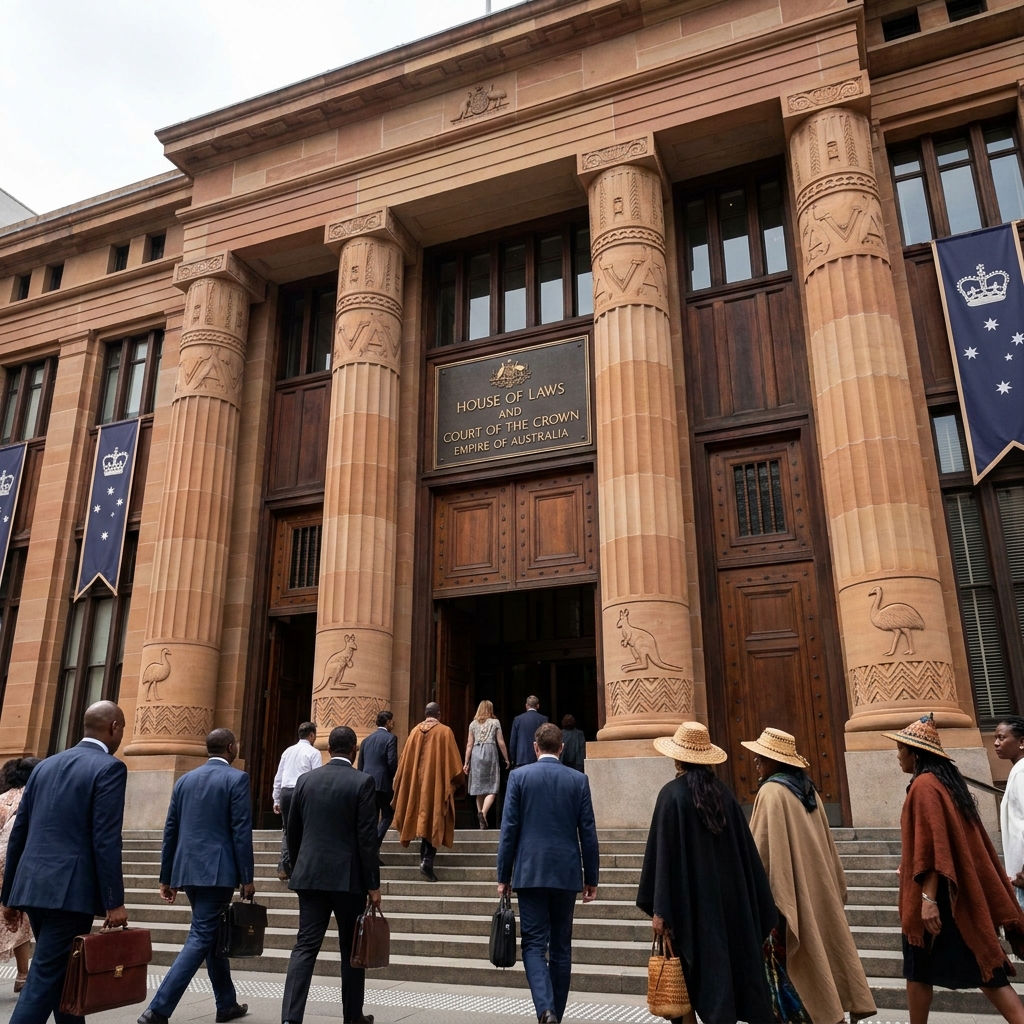 Diverse people enter a grand court building with sandstone columns and Indigenous motifs.
