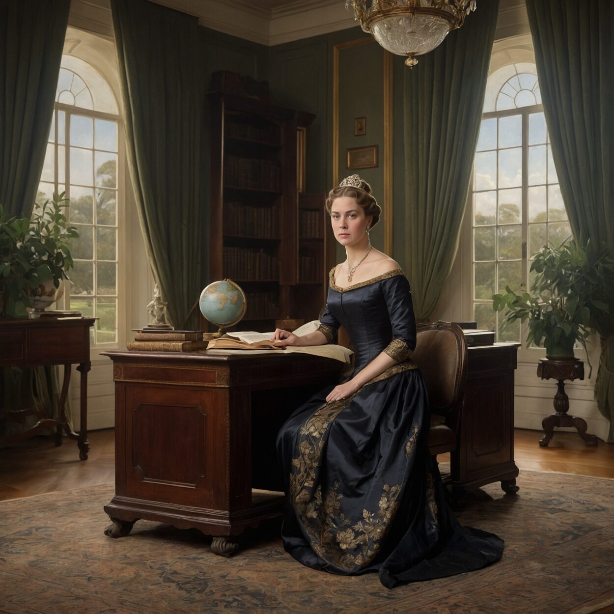 19th-century painting of Princess Imperial at a desk with books, globe, and garden view.