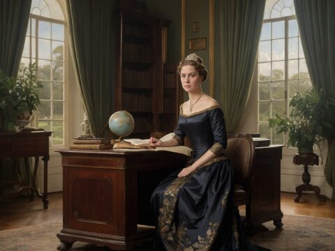 19th-century painting of Princess Imperial at a desk with books, globe, and garden view.