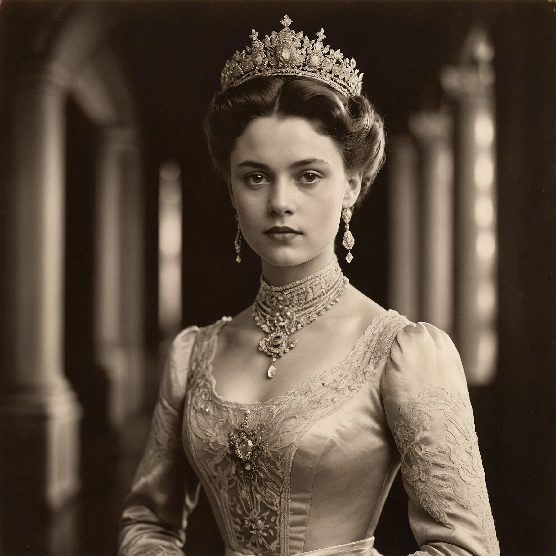 Sepia photograph of the Princess Imperial in a white gown with a jeweled sash, standing in an ornate hall.