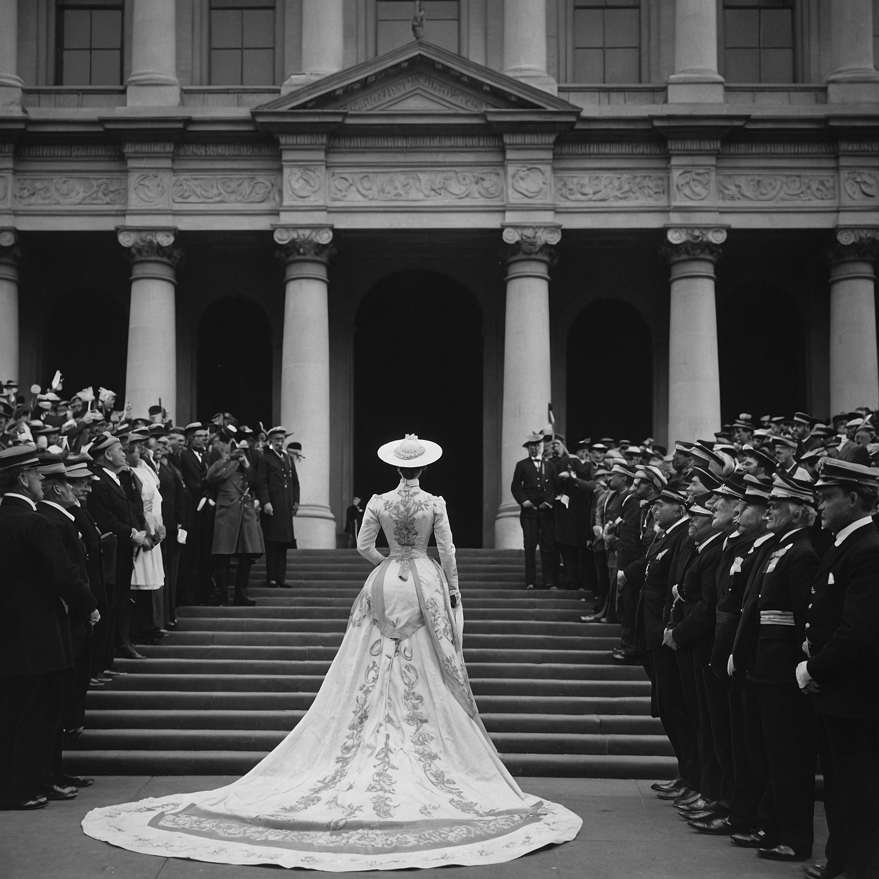 Princess Imperial in day dress on parliament steps with officials and cheering crowd, 1880s.