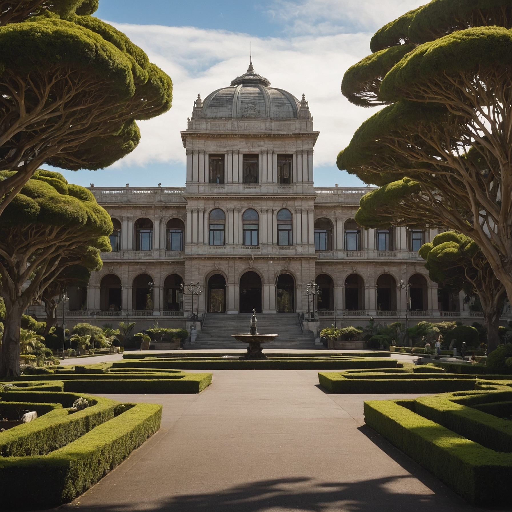 Grand palace with neoclassical and indigenous elements in a large urban park with visitors.