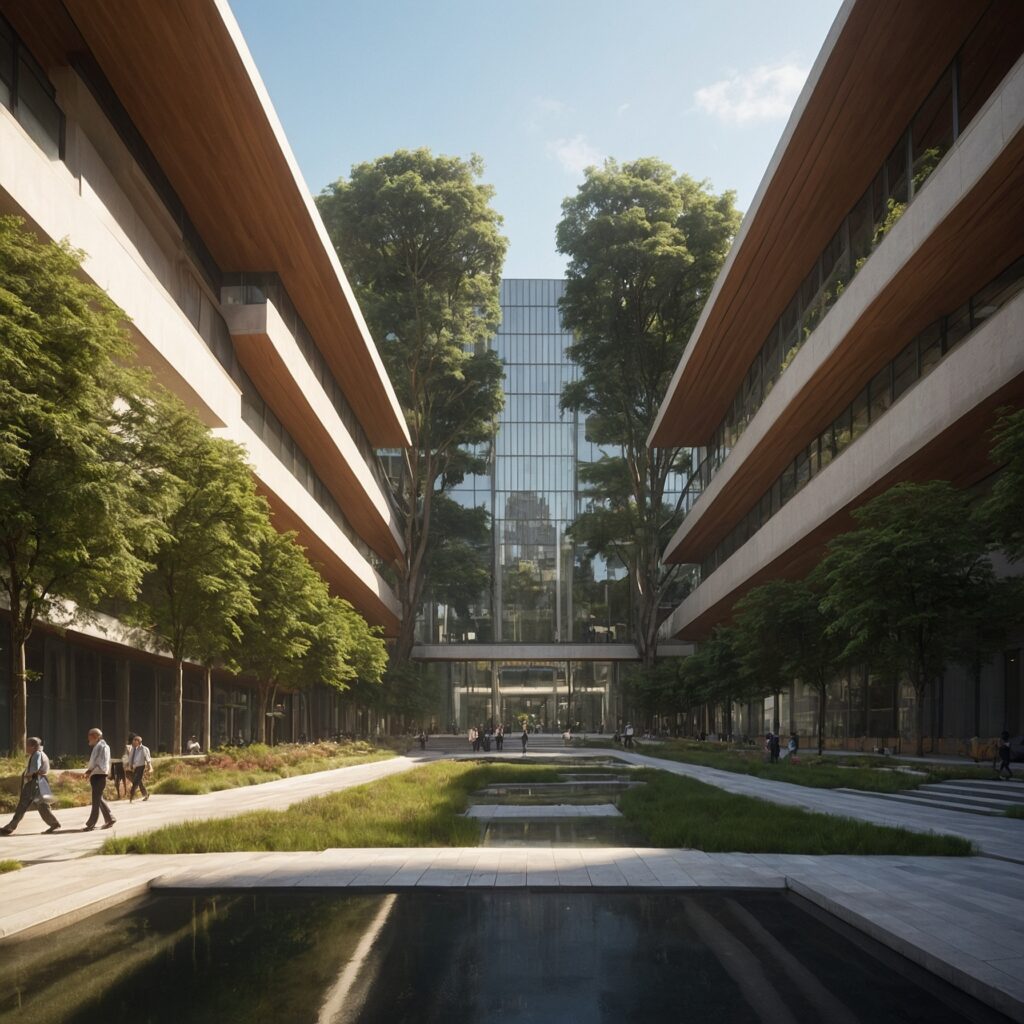 Officials and citizens gather outside a modernist government building with indigenous art in a green city center.