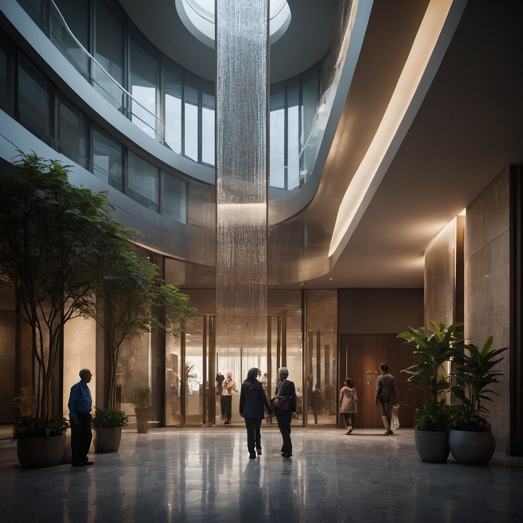 Diverse residents wait near a futuristic glass elevator in a mid-21st century apartment lobby.