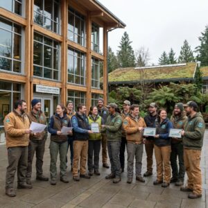 Diverse workers in uniform stand before a timber and glass civic building with landscaping.