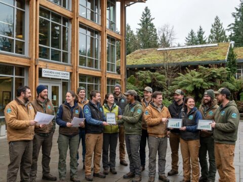 Diverse workers in uniform stand before a timber and glass civic building with landscaping.