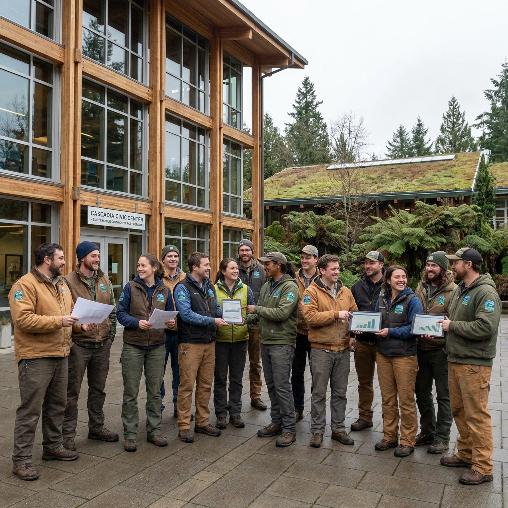 Diverse workers in uniform stand before a timber and glass civic building with landscaping.